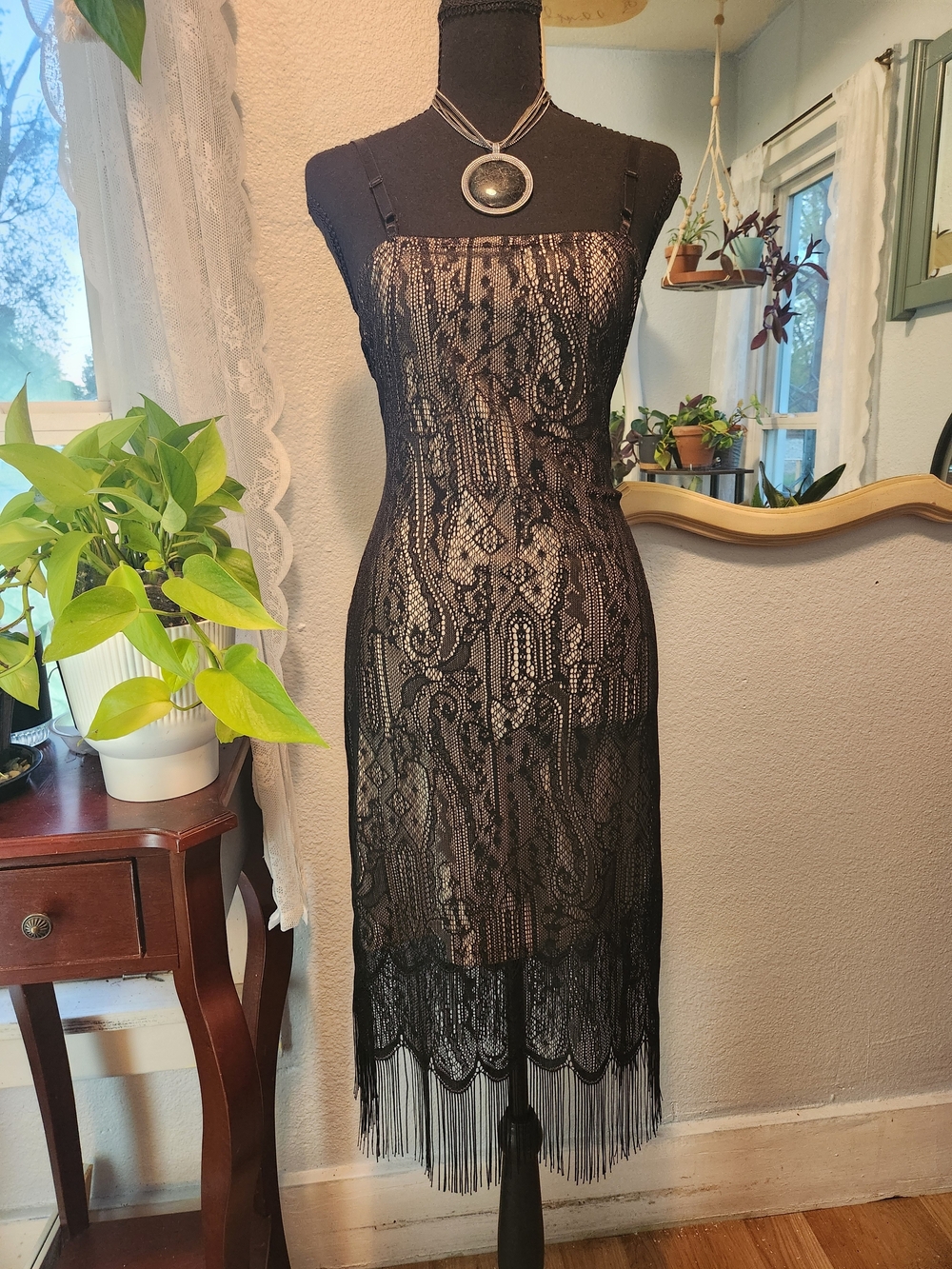 Black Lace Fringe Midi Dress